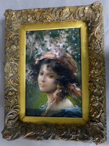 Luca Postiglione (Italian, 1876-1936), portrait of young woman, oil on board, signed lower left, 11 x 16¾ in (framed), est. $2,000-$3,000. Sterling Associates image